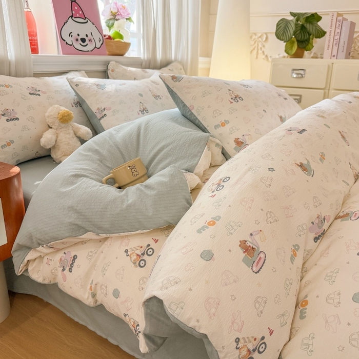 91家纺网 家纺一手货源 找家纺 鑫佳居 2026新款水洗针织提花双层纱四件套 童趣小车队