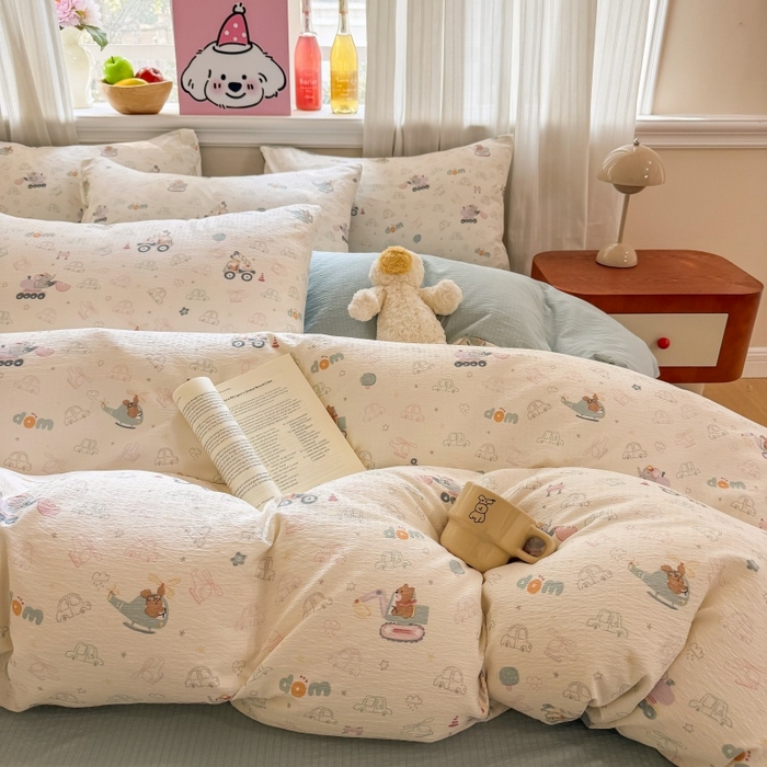 91家纺网 家纺一手货源 找家纺 鑫佳居 2026新款水洗针织提花双层纱四件套 童趣小车队