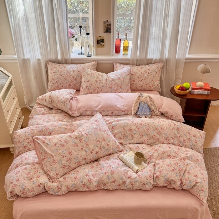 91家纺网 家纺一手货源 找家纺 鑫佳居 2026新款水洗针织提花双层纱四件套 十里桃花_粉