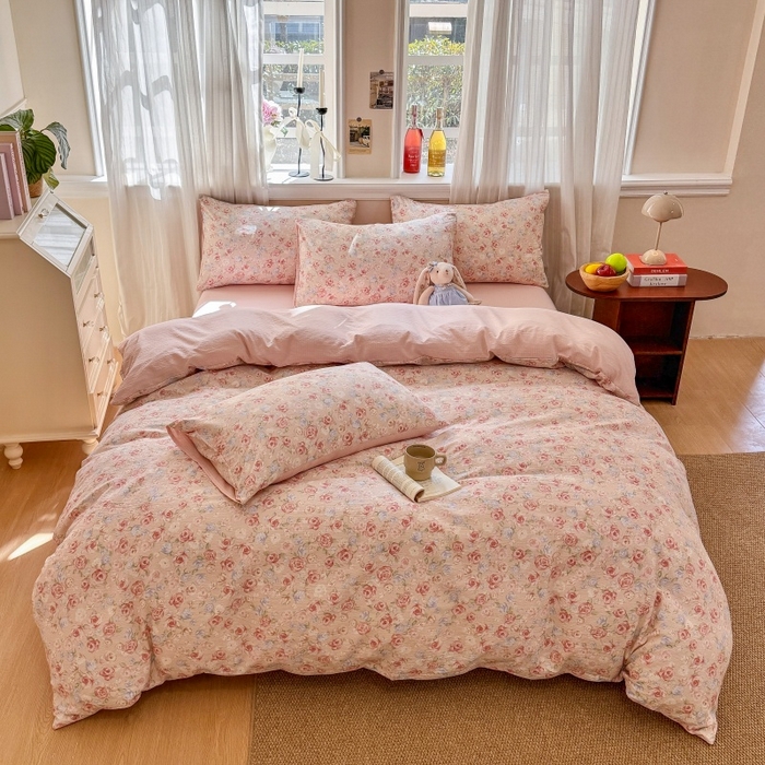 91家纺网 家纺一手货源 找家纺 鑫佳居 2026新款水洗针织提花双层纱四件套 十里桃花_粉