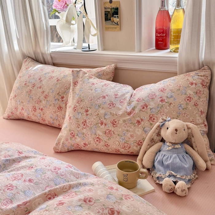 91家纺网 家纺一手货源 找家纺 鑫佳居 2026新款水洗针织提花双层纱四件套 十里桃花_粉