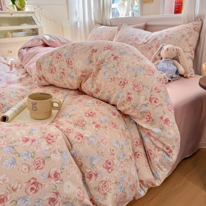 91家纺网 家纺一手货源 找家纺 鑫佳居 2026新款水洗针织提花双层纱四件套 十里桃花_粉