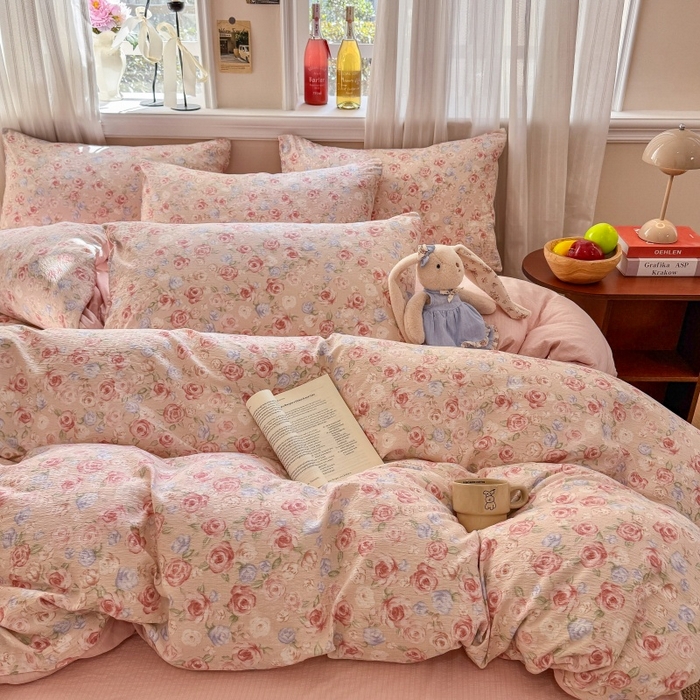 91家纺网 家纺一手货源 找家纺 鑫佳居 2026新款水洗针织提花双层纱四件套 十里桃花_粉