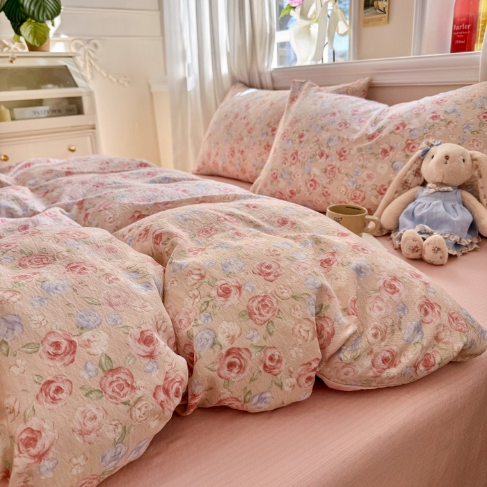 91家纺网 家纺一手货源 找家纺 鑫佳居 2026新款水洗针织提花双层纱四件套 十里桃花_粉