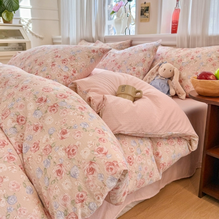 鑫佳居 2026新款水洗针织提花双层纱四件套 十里桃花_粉