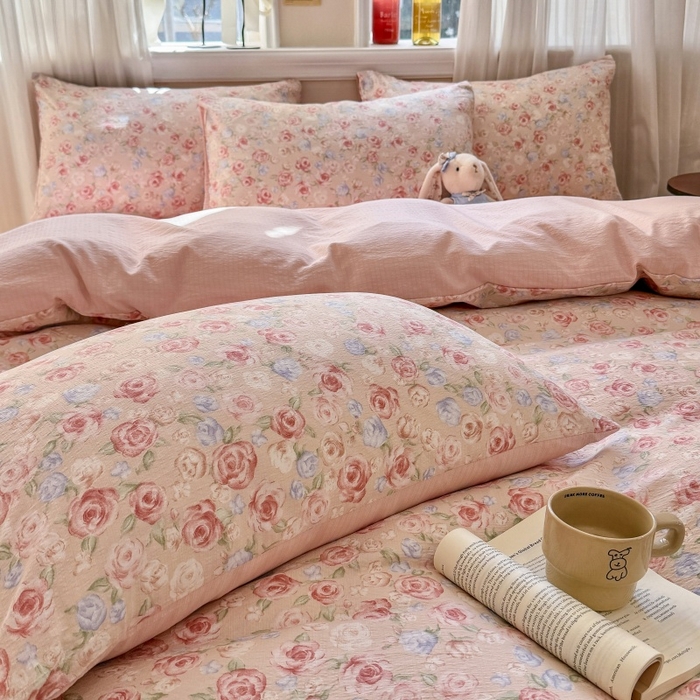 91家纺网 家纺一手货源 找家纺 鑫佳居 2026新款水洗针织提花双层纱四件套 十里桃花_粉