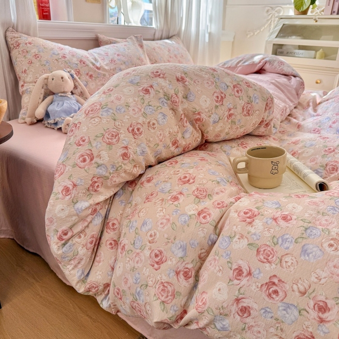 91家纺网 家纺一手货源 找家纺 鑫佳居 2026新款水洗针织提花双层纱四件套 十里桃花_粉