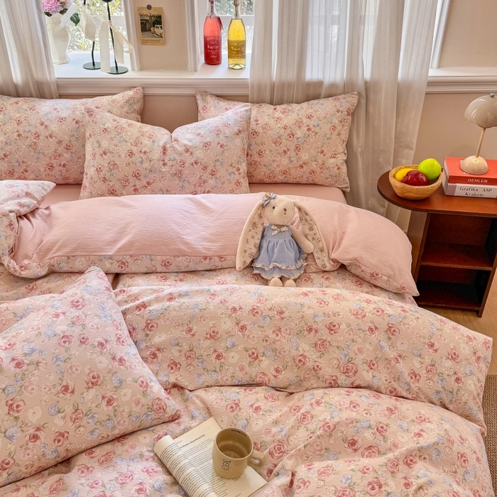 91家纺网 家纺一手货源 找家纺 鑫佳居 2026新款水洗针织提花双层纱四件套 十里桃花_粉