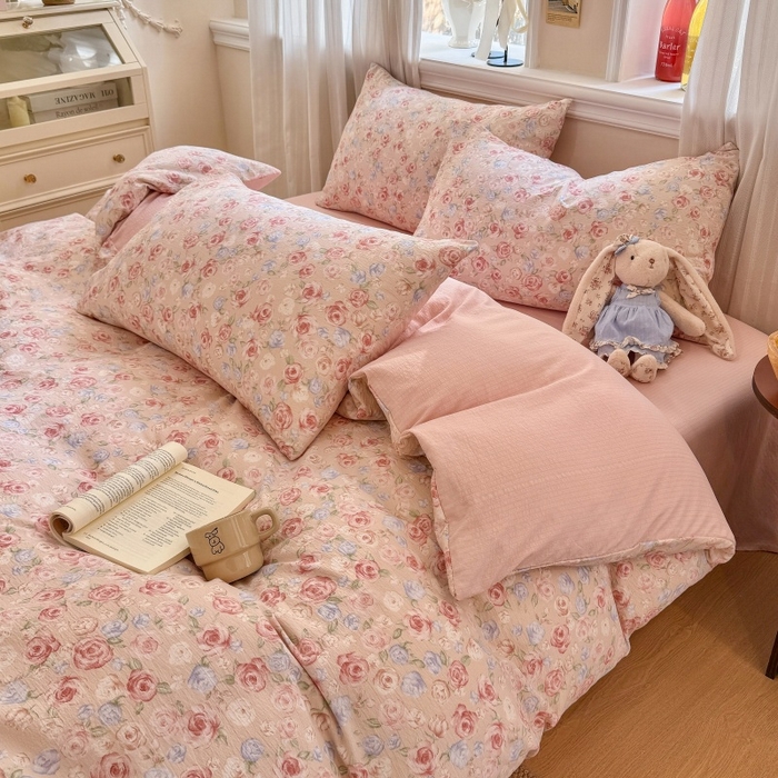 91家纺网 家纺一手货源 找家纺 鑫佳居 2026新款水洗针织提花双层纱四件套 十里桃花_粉