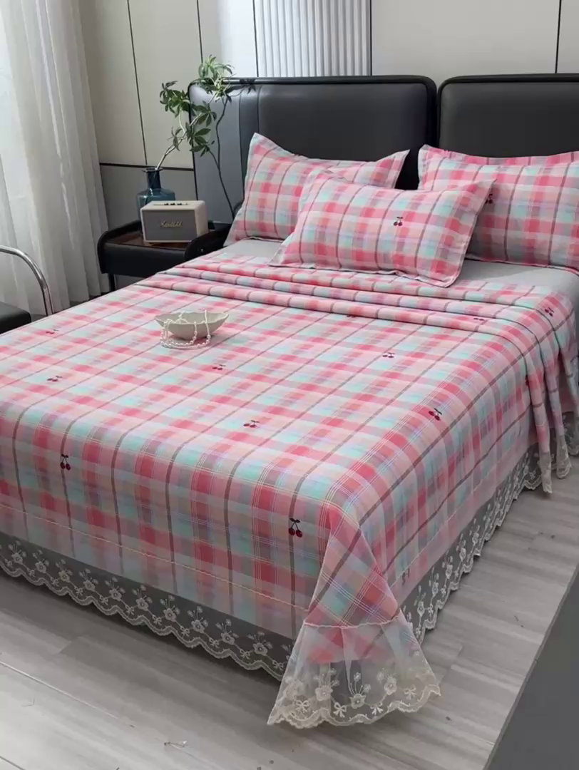 91家纺网 家纺一手货源 找家纺 星窝家纺 2026新款花边老粗布凉席三件套 樱桃格-绿