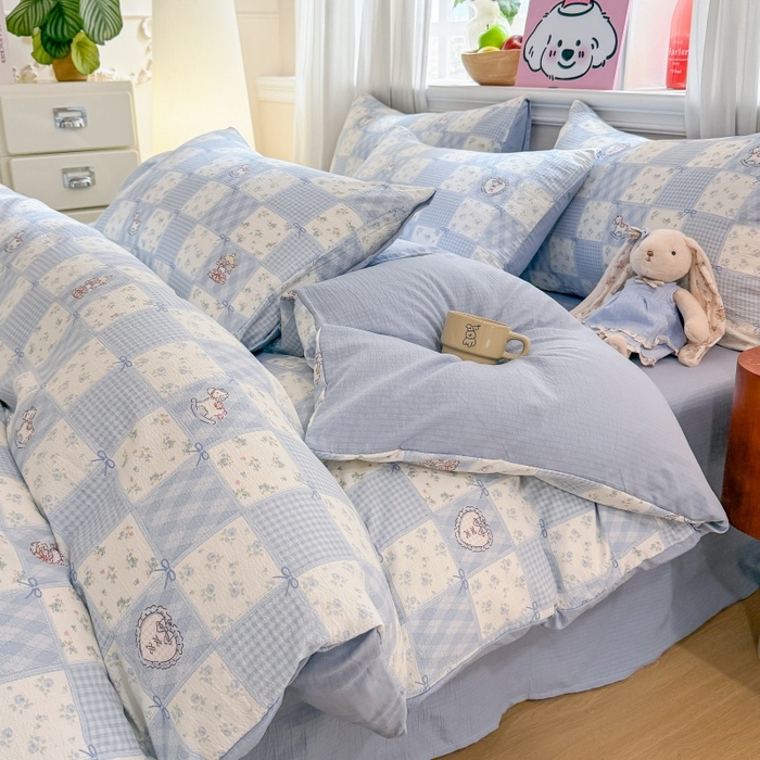 91家纺网 家纺一手货源 找家纺 鑫佳居 2026新款水洗针织提花双层纱四件套 童话木马