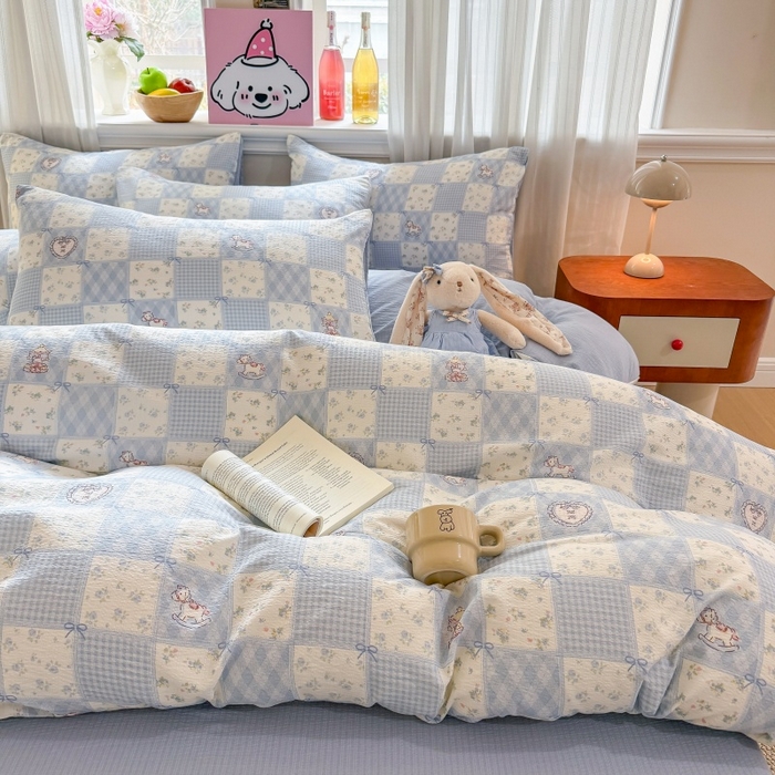 91家纺网 家纺一手货源 找家纺 鑫佳居 2026新款水洗针织提花双层纱四件套 童话木马