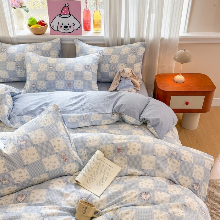 91家纺网 家纺一手货源 找家纺 鑫佳居 2026新款水洗针织提花双层纱四件套 童话木马