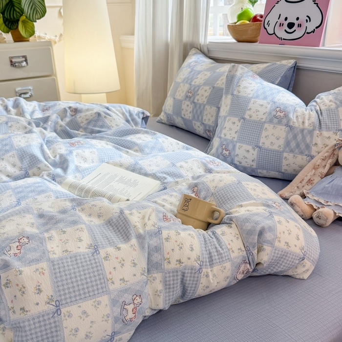 91家纺网 家纺一手货源 找家纺 鑫佳居 2026新款水洗针织提花双层纱四件套 童话木马