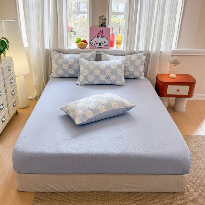 91家纺网 家纺一手货源 找家纺 鑫佳居 2026新款水洗针织提花双层纱四件套 童话木马