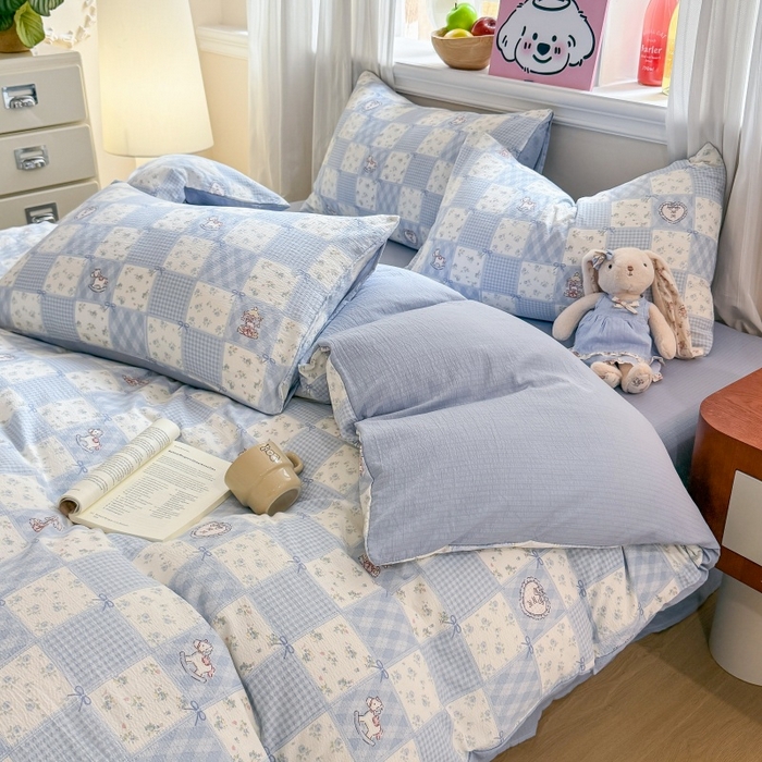 91家纺网 家纺一手货源 找家纺 鑫佳居 2026新款水洗针织提花双层纱四件套 童话木马