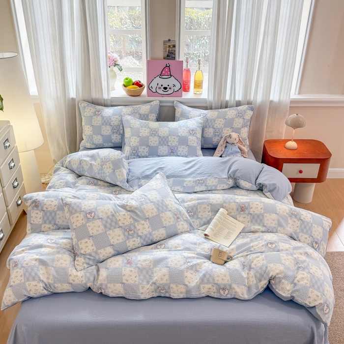 91家纺网 家纺一手货源 找家纺 鑫佳居 2026新款水洗针织提花双层纱四件套 童话木马