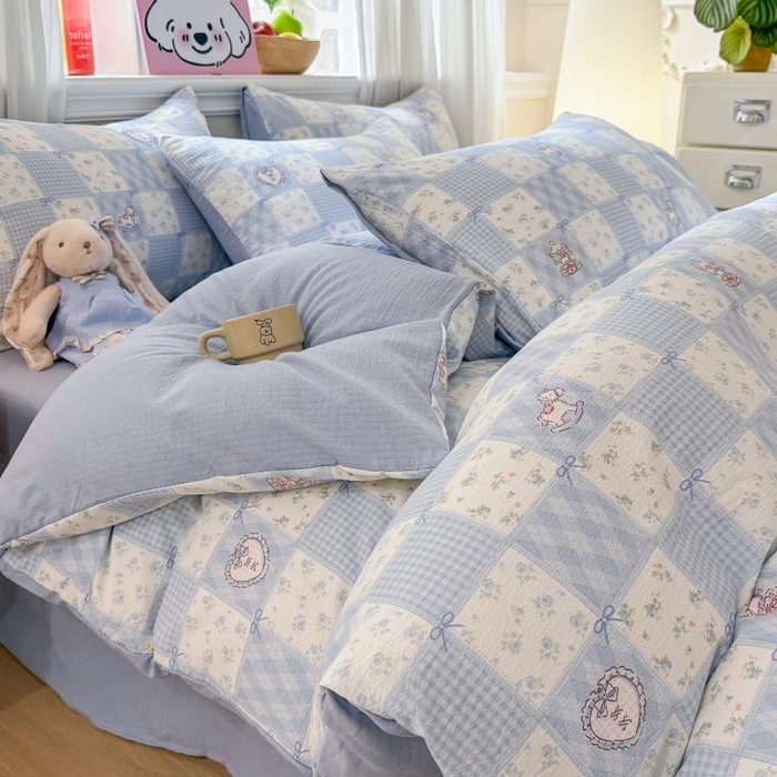 91家纺网 家纺一手货源 找家纺 鑫佳居 2026新款水洗针织提花双层纱四件套 童话木马