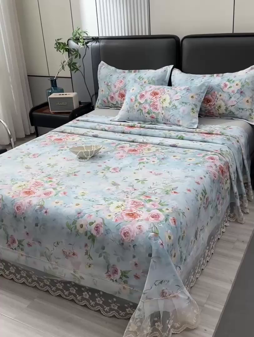 91家纺网 家纺一手货源 找家纺 星窝家纺 2026新款花边老粗布凉席三件套 微澜