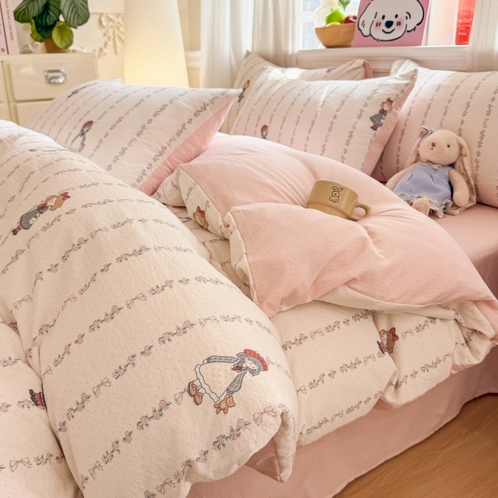 91家纺网 家纺一手货源 找家纺 鑫佳居 2026新款水洗针织提花双层纱四件套 甜梦少女