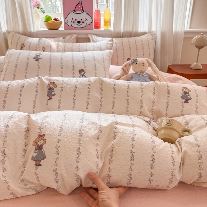 91家纺网 家纺一手货源 找家纺 鑫佳居 2026新款水洗针织提花双层纱四件套 甜梦少女