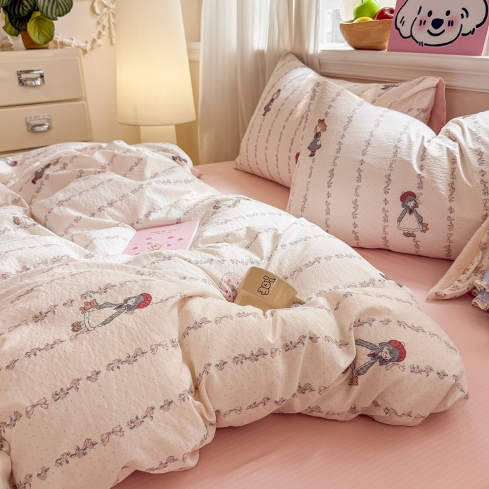 91家纺网 家纺一手货源 找家纺 鑫佳居 2026新款水洗针织提花双层纱四件套 甜梦少女