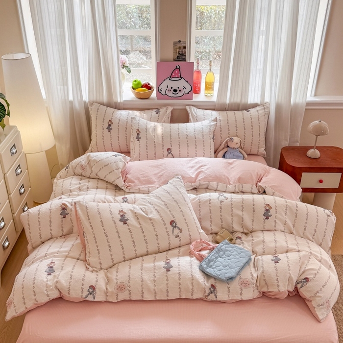 91家纺网 家纺一手货源 找家纺 鑫佳居 2026新款水洗针织提花双层纱四件套 甜梦少女