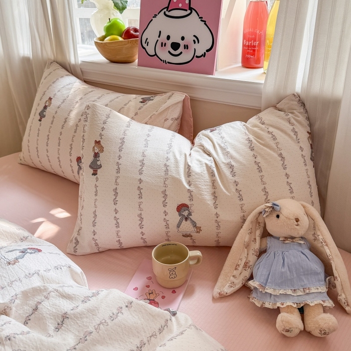 91家纺网 家纺一手货源 找家纺 鑫佳居 2026新款水洗针织提花双层纱四件套 甜梦少女