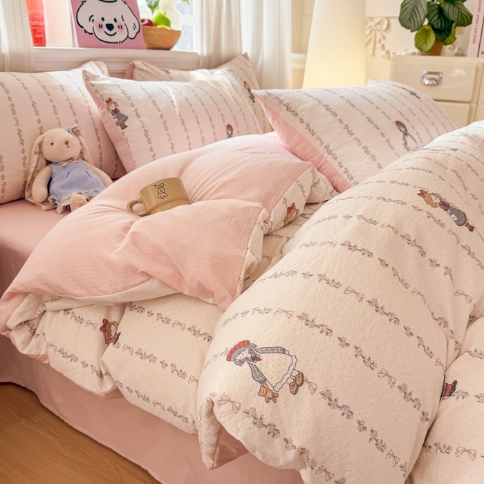 91家纺网 家纺一手货源 找家纺 鑫佳居 2026新款水洗针织提花双层纱四件套 甜梦少女