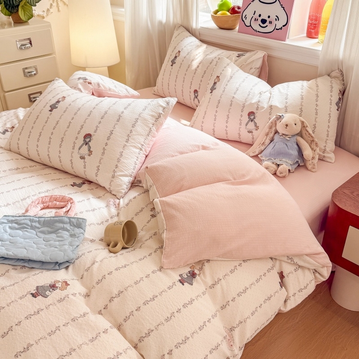 91家纺网 家纺一手货源 找家纺 鑫佳居 2026新款水洗针织提花双层纱四件套 甜梦少女