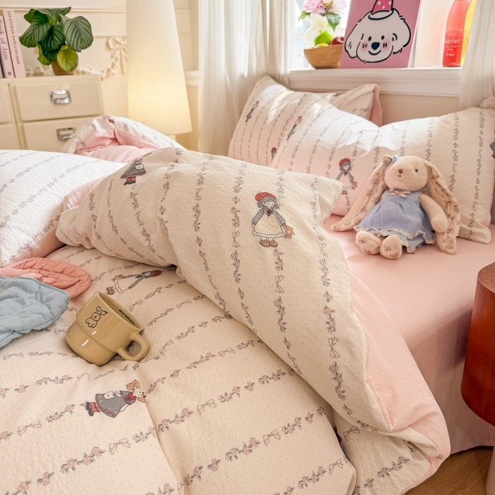 91家纺网 家纺一手货源 找家纺 鑫佳居 2026新款水洗针织提花双层纱四件套 甜梦少女