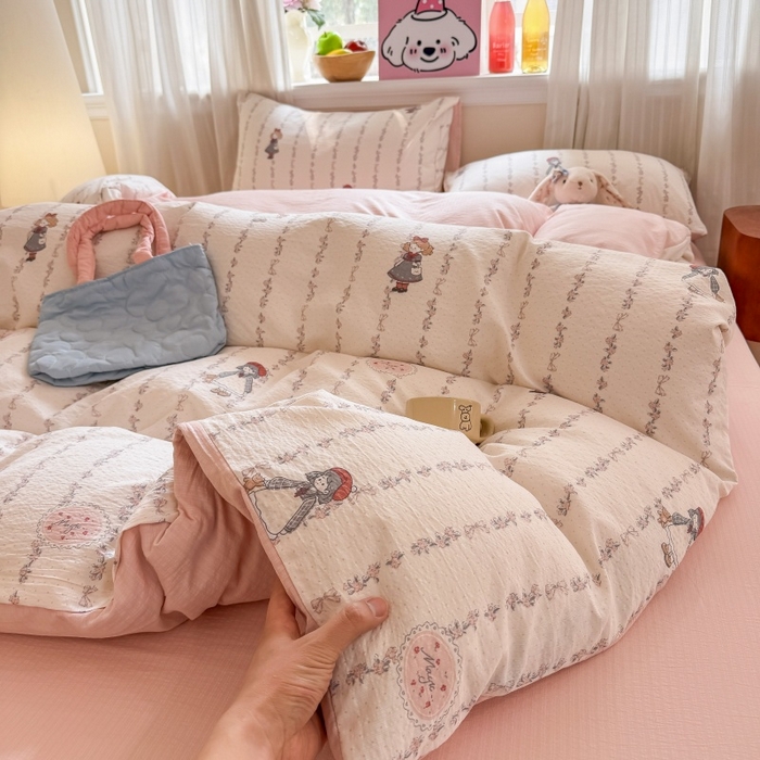 91家纺网 家纺一手货源 找家纺 鑫佳居 2026新款水洗针织提花双层纱四件套 甜梦少女