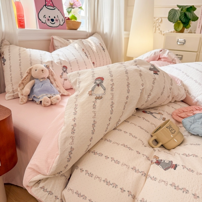 91家纺网 家纺一手货源 找家纺 鑫佳居 2026新款水洗针织提花双层纱四件套 甜梦少女