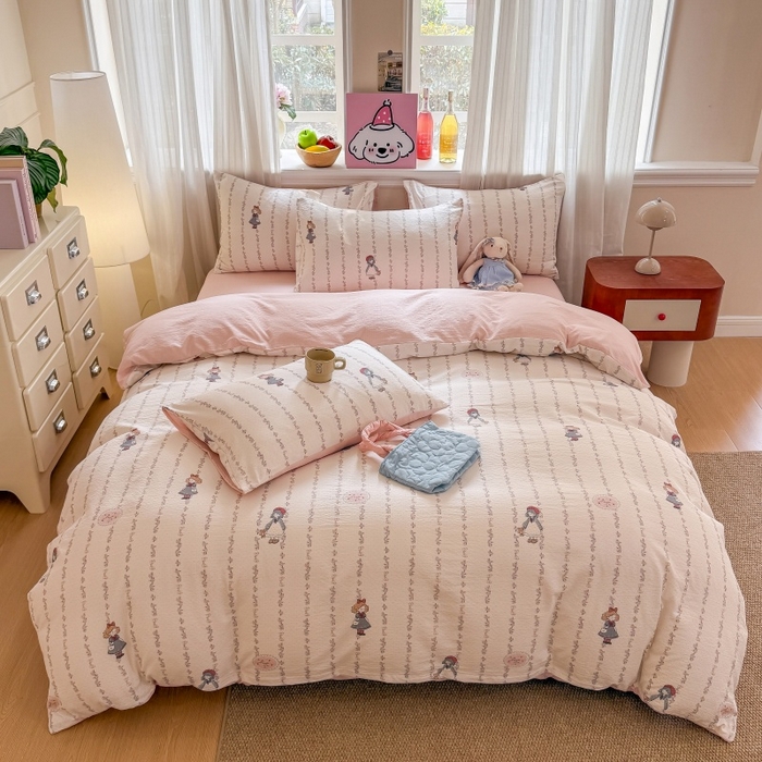 91家纺网 家纺一手货源 找家纺 鑫佳居 2026新款水洗针织提花双层纱四件套 甜梦少女