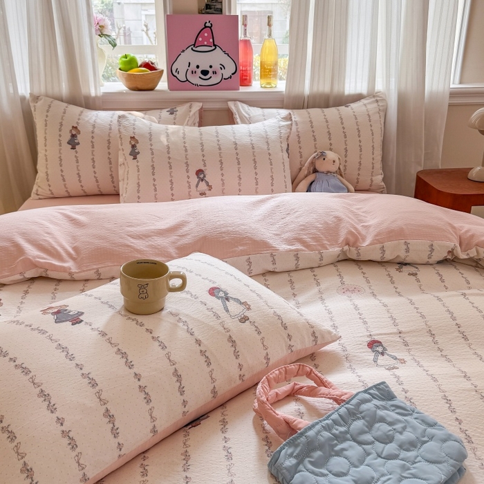 91家纺网 家纺一手货源 找家纺 鑫佳居 2026新款水洗针织提花双层纱四件套 甜梦少女