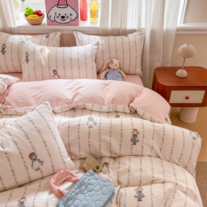 91家纺网 家纺一手货源 找家纺 鑫佳居 2026新款水洗针织提花双层纱四件套 甜梦少女