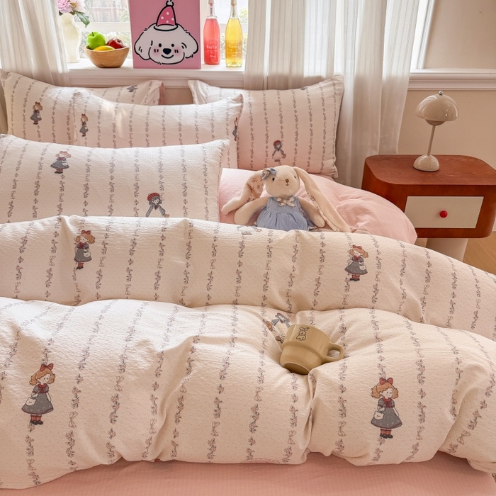 91家纺网 家纺一手货源 找家纺 鑫佳居 2026新款水洗针织提花双层纱四件套 甜梦少女