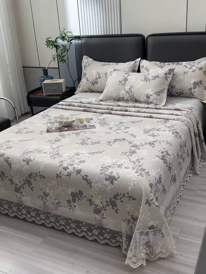 91家纺网 家纺一手货源 找家纺 星窝家纺 2026新款花边老粗布凉席三件套 烟紫花影