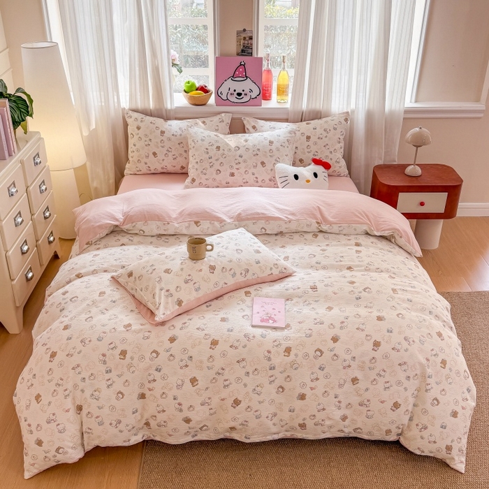 91家纺网 家纺一手货源 找家纺 鑫佳居 2026新款水洗针织提花双层纱四件套 软萌KT猫