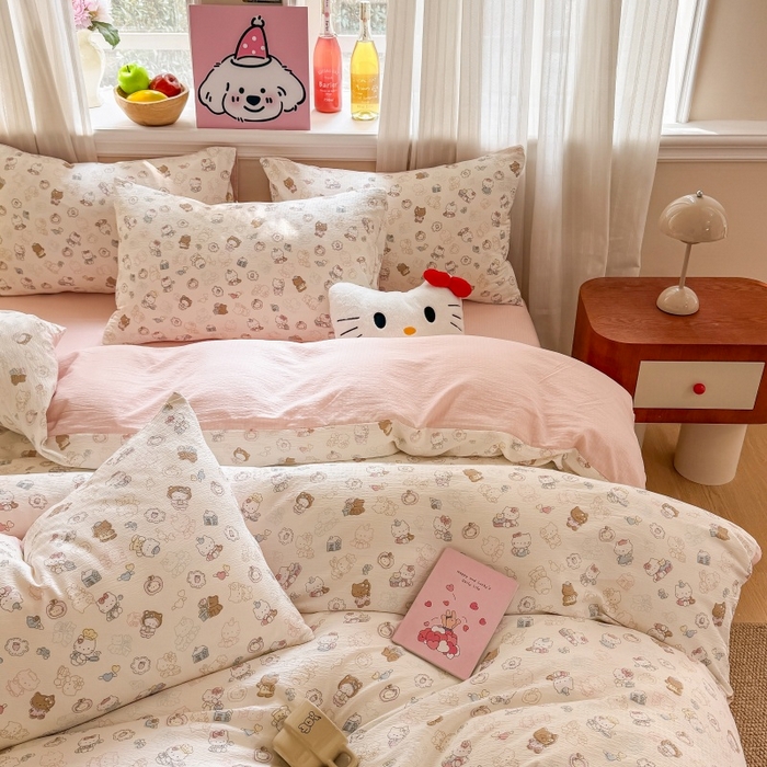 91家纺网 家纺一手货源 找家纺 鑫佳居 2026新款水洗针织提花双层纱四件套 软萌KT猫