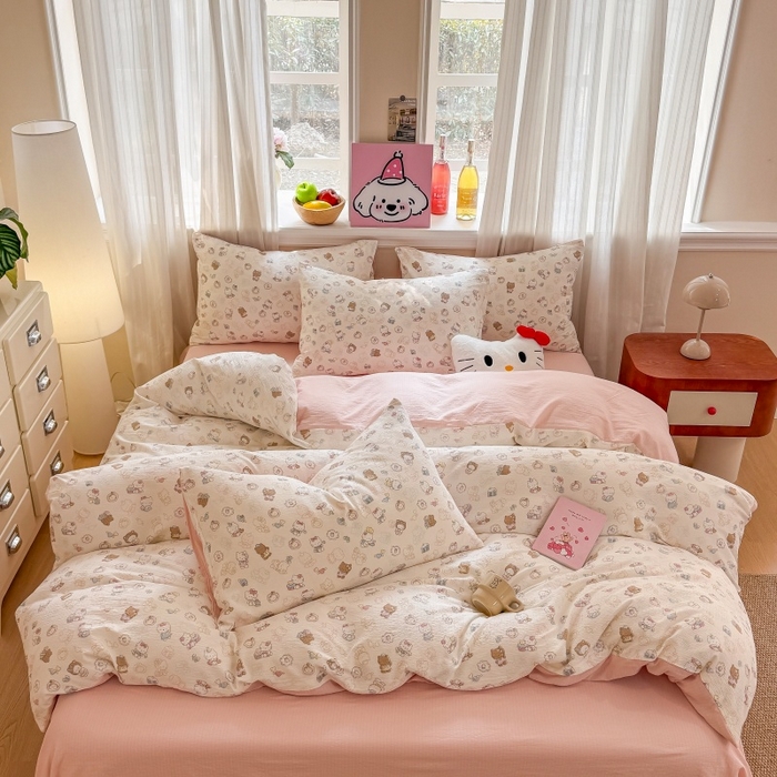 91家纺网 家纺一手货源 找家纺 鑫佳居 2026新款水洗针织提花双层纱四件套 软萌KT猫