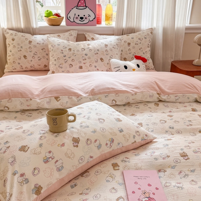 91家纺网 家纺一手货源 找家纺 鑫佳居 2026新款水洗针织提花双层纱四件套 软萌KT猫