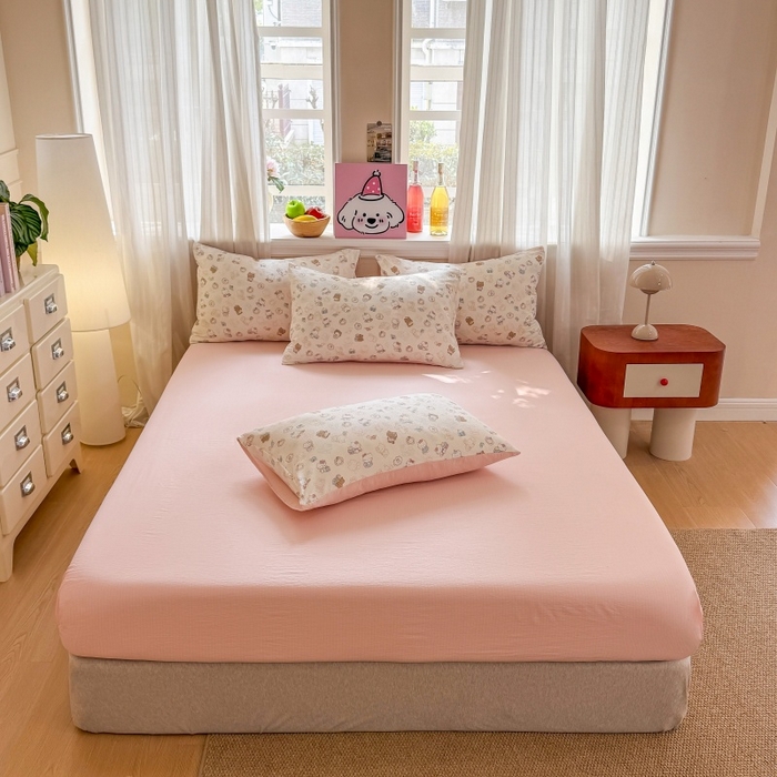 91家纺网 家纺一手货源 找家纺 鑫佳居 2026新款水洗针织提花双层纱四件套 软萌KT猫