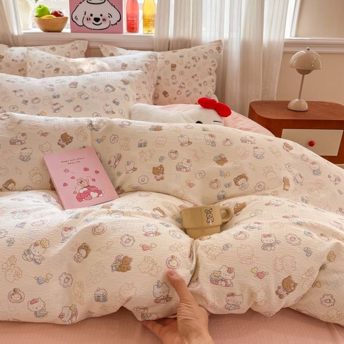 91家纺网 家纺一手货源 找家纺 鑫佳居 2026新款水洗针织提花双层纱四件套 软萌KT猫