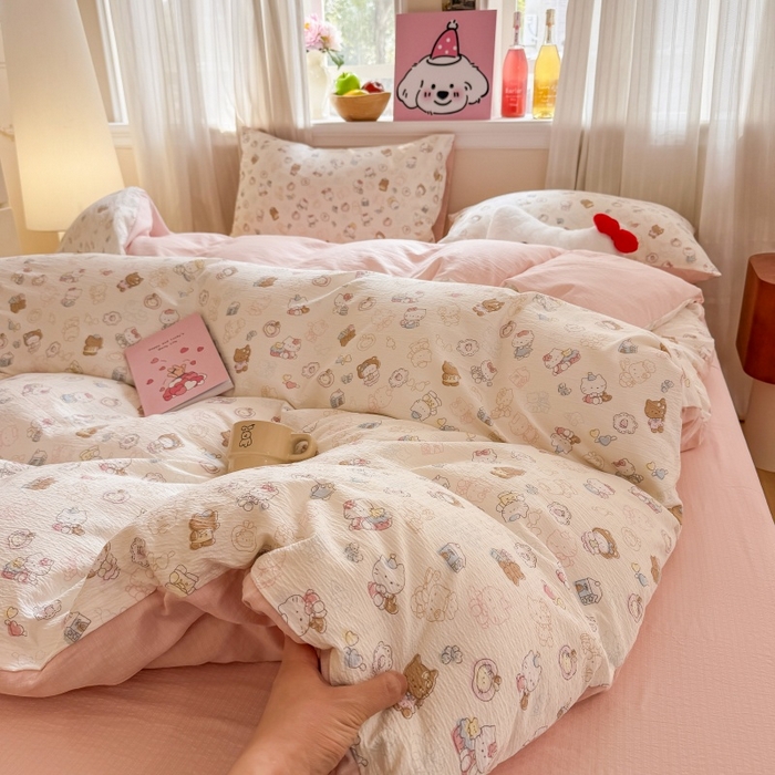 91家纺网 家纺一手货源 找家纺 鑫佳居 2026新款水洗针织提花双层纱四件套 软萌KT猫