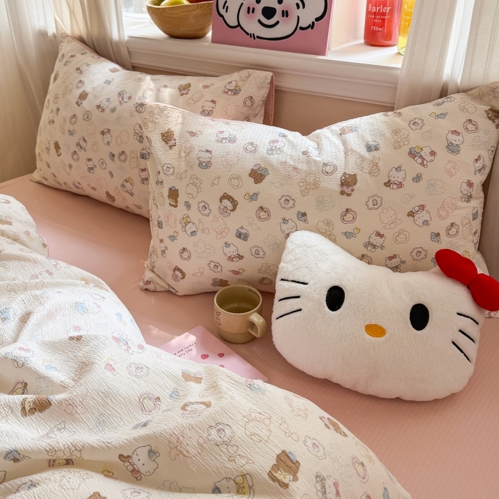 91家纺网 家纺一手货源 找家纺 鑫佳居 2026新款水洗针织提花双层纱四件套 软萌KT猫