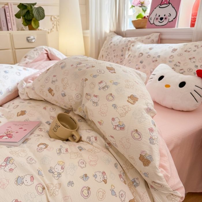 91家纺网 家纺一手货源 找家纺 鑫佳居 2026新款水洗针织提花双层纱四件套 软萌KT猫