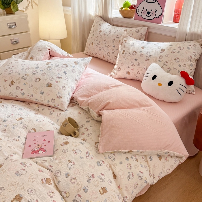 91家纺网 家纺一手货源 找家纺 鑫佳居 2026新款水洗针织提花双层纱四件套 软萌KT猫