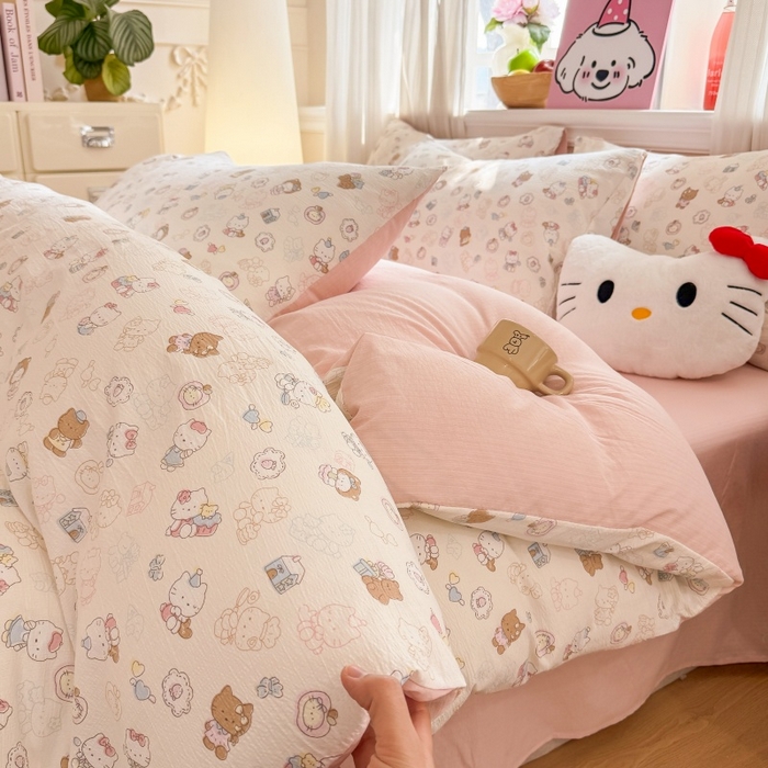 91家纺网 家纺一手货源 找家纺 鑫佳居 2026新款水洗针织提花双层纱四件套 软萌KT猫