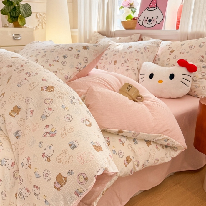 鑫佳居 2026新款水洗针织提花双层纱四件套 软萌KT猫